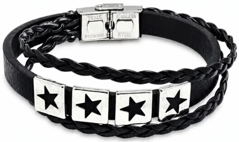 Pulsera de cuerina triple con acero quirurgico estrellas 21cm